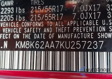 2019 Hyundai Kona Sel z USA, uszkodzony, nr VIN KM8K62AA7KU257237